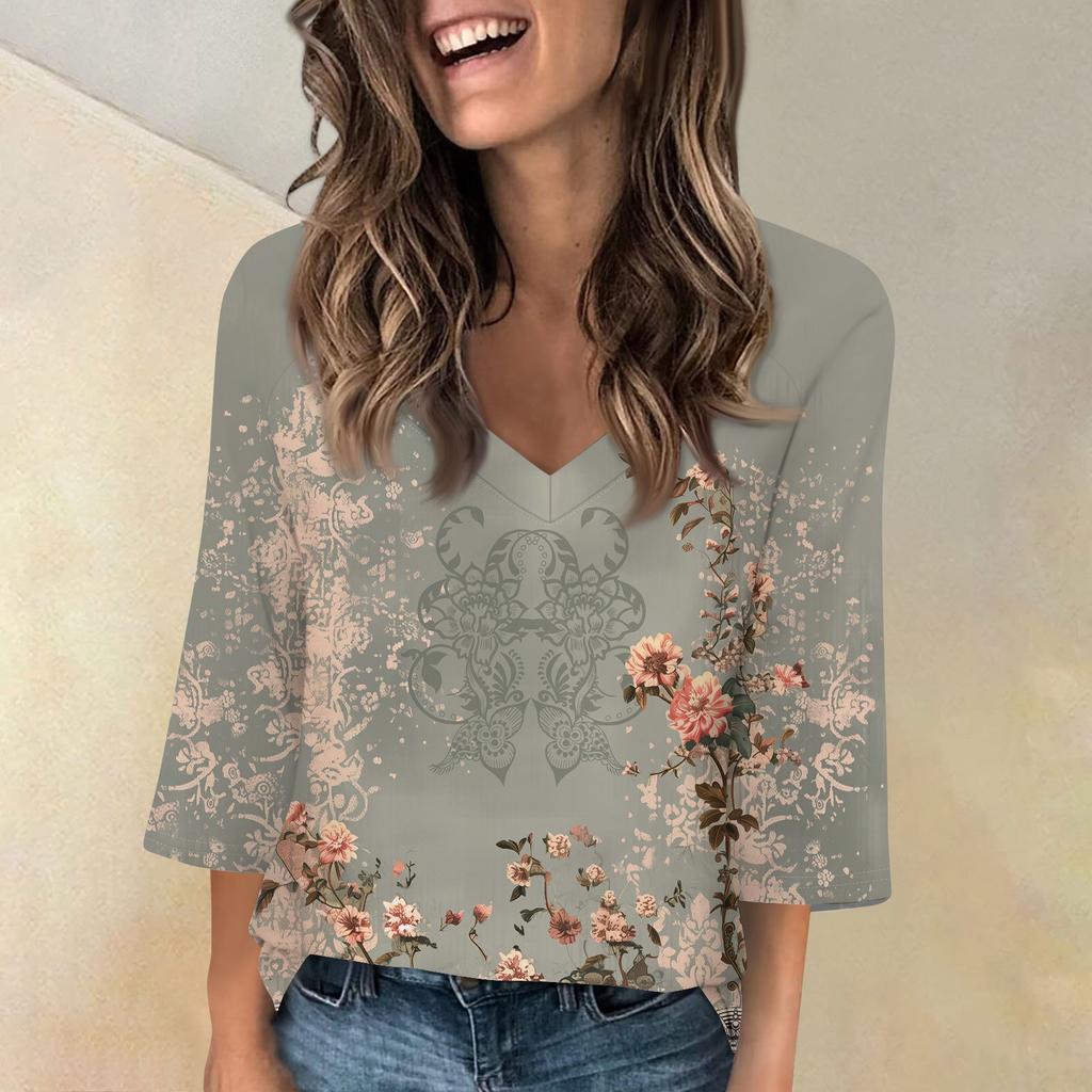 Женская мода и отдых Классический ретро-принт с рукавами 3/4 и v-образным вырезом реглан