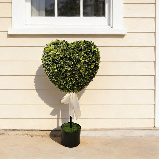 Искусственные Зеленые Растения в Горшках Формы Сердца Декор с Белой Лентой Бант Не Требует Ухода Искусственные Мини-Деревья в Форме Сердца для Дня Святого Валентина Домашний Декор