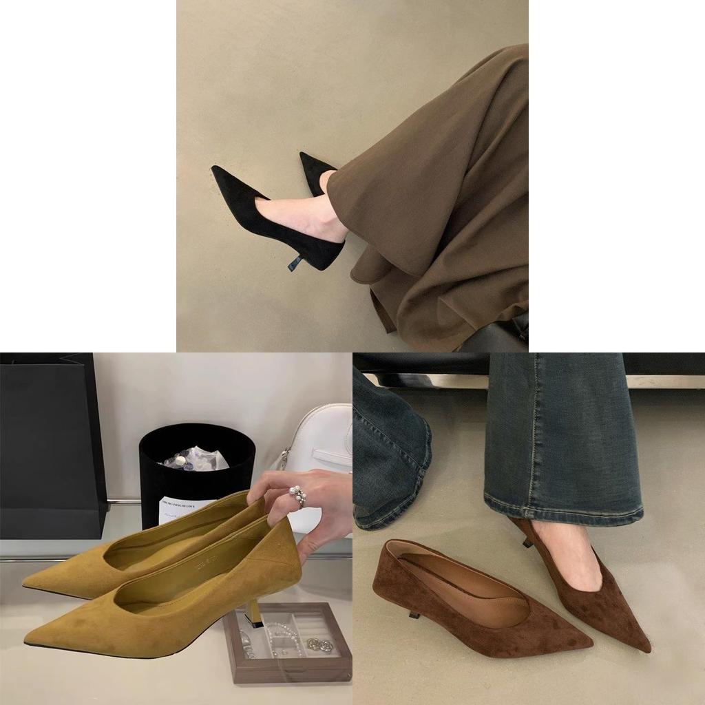 French Vintage Style Pointed Toe Suede High Heels For Women Office Wear