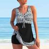 Swimwear Tankini 2 Piece Swimsuit Purple Grid Crossing Print Vacation Bathing Suits