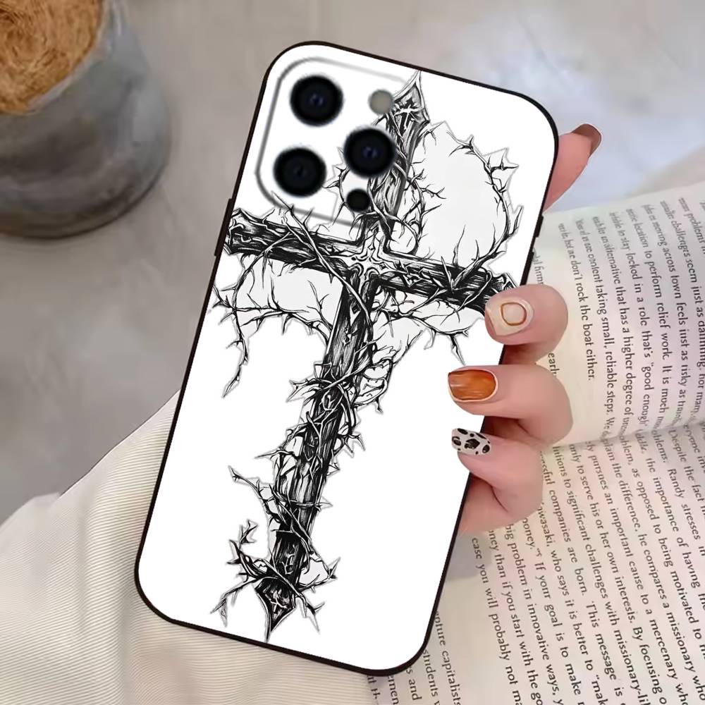 Прозрачный чехол для телефона с готическим крестом и лозой для iPhone 17,16,15,14,13,12,11 Plus,Pro Max,XS, Мягкий силиконовый черный чехол