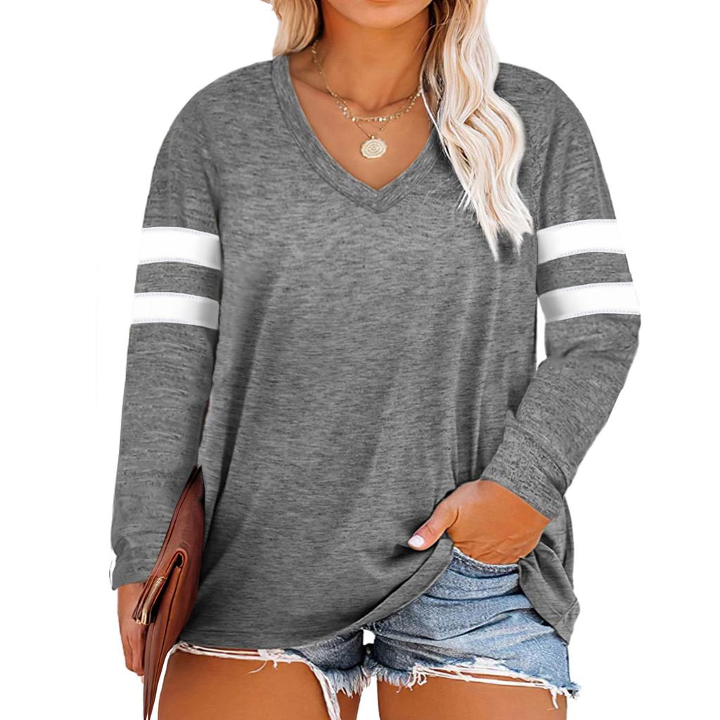 Women's Casual V Neck Pullover Long Sleeve Striped Colorblock Oversized Shirts