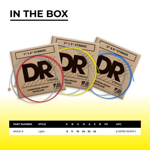 DR NMCE-9 Colored Electric Guitar Strings, Soft Thin Gauge, 009-042 Coated Strings