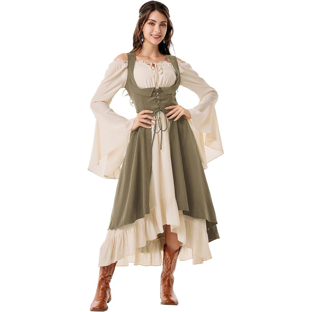 Women Renaissance Costume Underbust Pirate Peasant High Low Dress with Pockets