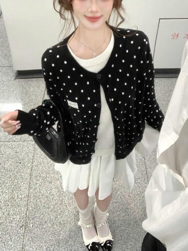 Polka Dot Round Neck Two-Piece Look Knit Cardigan for Women - Petite Early Spring/Autumn 2026 Sweater Coat