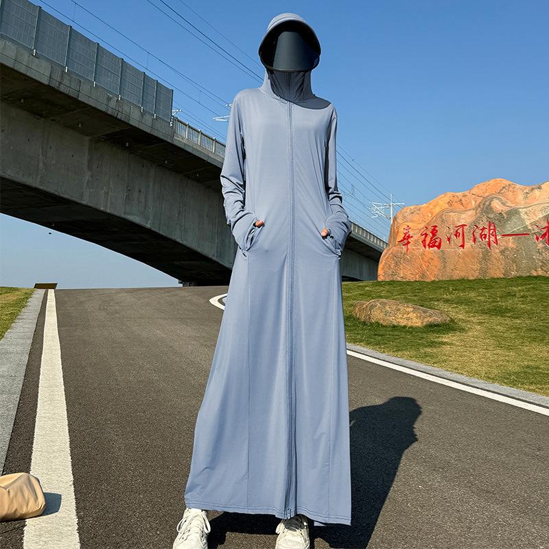 Summer 1011 New Sun Protection Shirt Women's Long Dress, Full Outdoor Breathable UV Protection Sun Protection Dress, Waist-Cinching