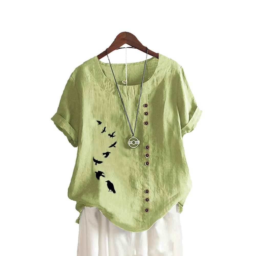 Женская свободная рубашка большого размера, женская повседневная блузка с круглым воротником и принтом, летняя модная блузка с коротким рукавом