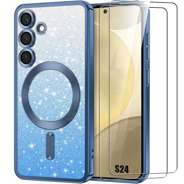 Coque de protection - BOOLING - pour Samsung Galaxy S24 - Silicone Souple - Protection Caméra - Bleu Pailleté