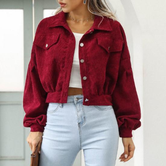 Осенняя женская укороченная куртка с лацканами и рукавами-фонариками, однотонное однобортное пальто, верхняя одежда, винтажное вельветовое пальто