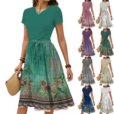 Женское повседневное модное элегантное платье с поясом и винтажным принтом с коротким рукавом и круглым вырезом