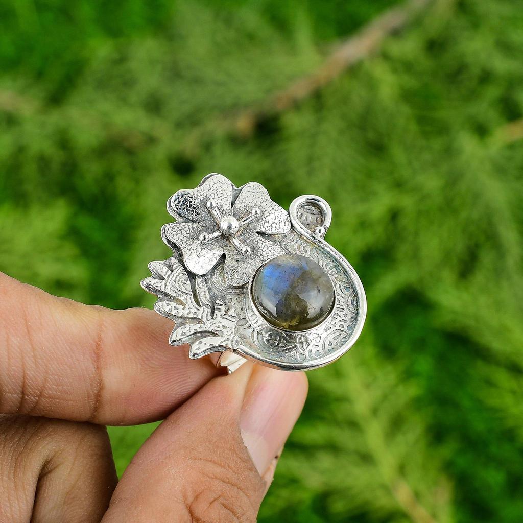 925 Sterling Silver Labradorite Stone Handcrafted Flower Bezel Wife Ring Jewelry