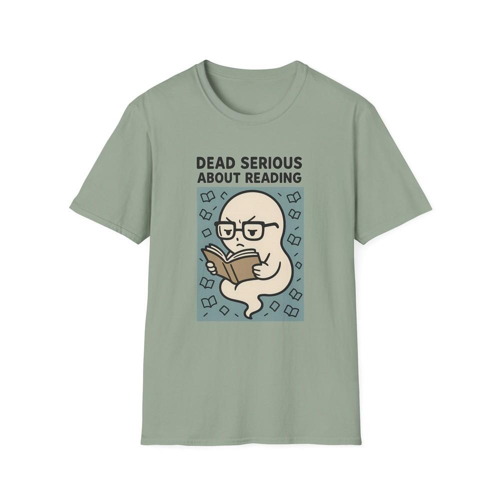 Unisex Softstyle T-Shirt Dead Serious About Reading Ghost Book Glasses Halloween