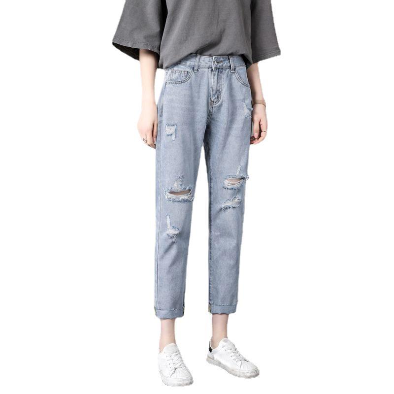 Рваные джинсы-девятиточки женские свободные летние тонкие с высокой посадкой прямые брюки