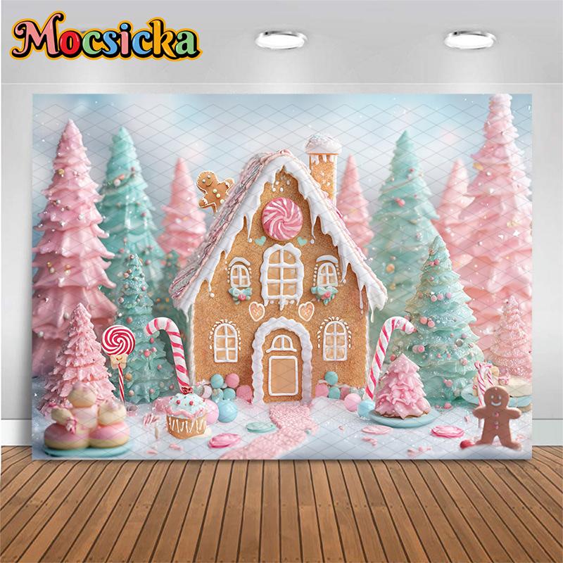 Mocsicka Christmas House Background For Photography Baby Kid Cake Crush Tree Backdrop Gifts Outdoor Dessert Decors Studio Banner