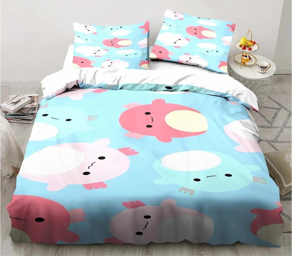 Cute Kawaii Axolotl Art Christmas Navidad Gift King Twin Double Child Customized Bedding Set Duvet Cover with Pillowcase 3 Piece
