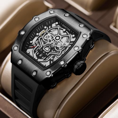 Senstone Men's Retro Punk Skull Tonneau Analog Skeleton Sports Watch with Luminous Rubber Strap and Silicone Band, Black, Casual.