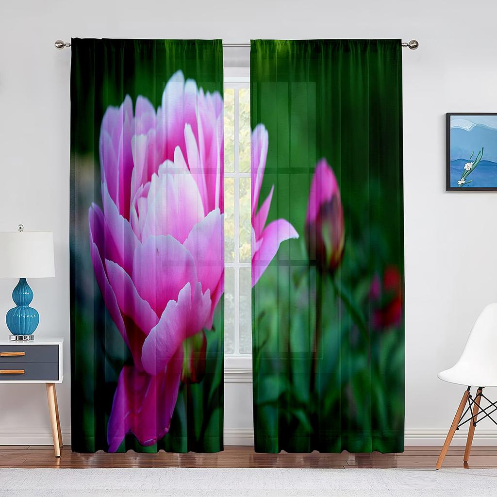 Тюлевые шторы с розовым пионом и зелеными листьями для гостиной, украшения дома, оконная занавеска, кухонная прозрачная занавеска из вуали