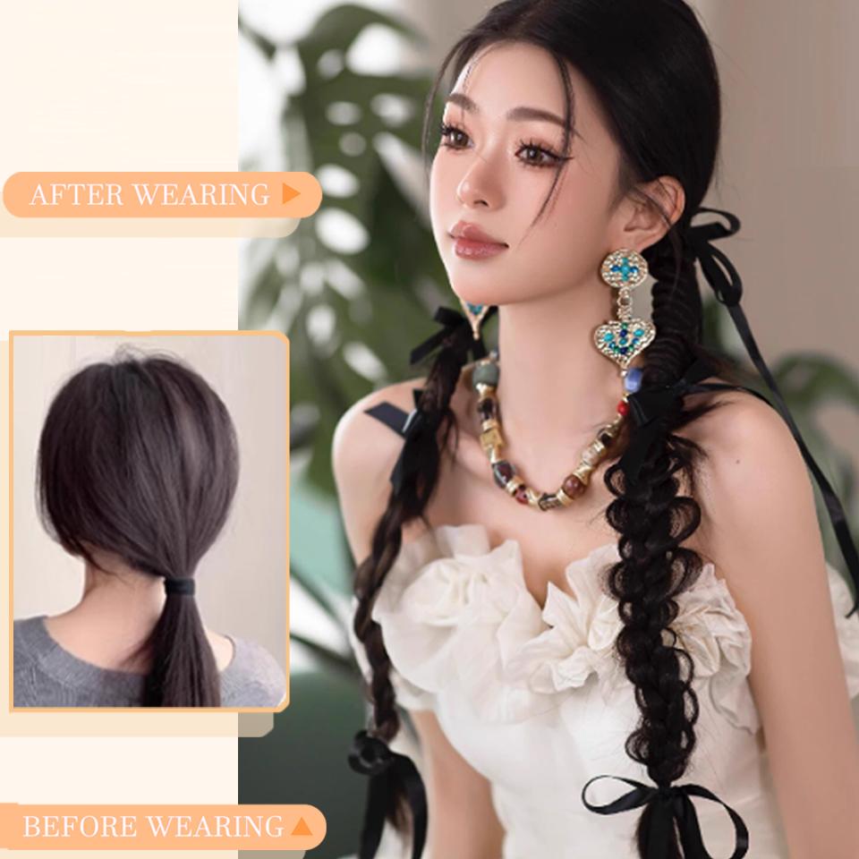Ponytail Synthetic Wig Elastic Style Boxing Braid Wig with Ribbon Bow Hair Accessories Suitable for Ladies to Wear Daily