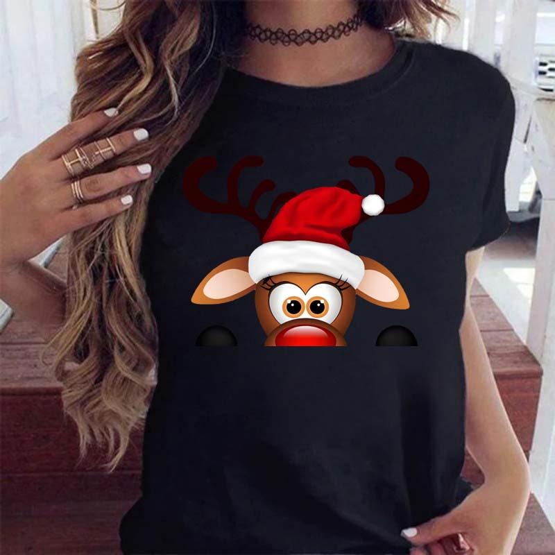 Women Deer Animal Year Holiday Tshirt Top Happy Merry Christmas Cartoon Trend Clothes Graphic Style Female Tee