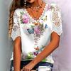 Elegant Lace Stitching Fashion Ladies Color Flower Butterfly Flower Print Short-sleeved T-shirt V-neck Hollow Short-sleeved Top Women 8864