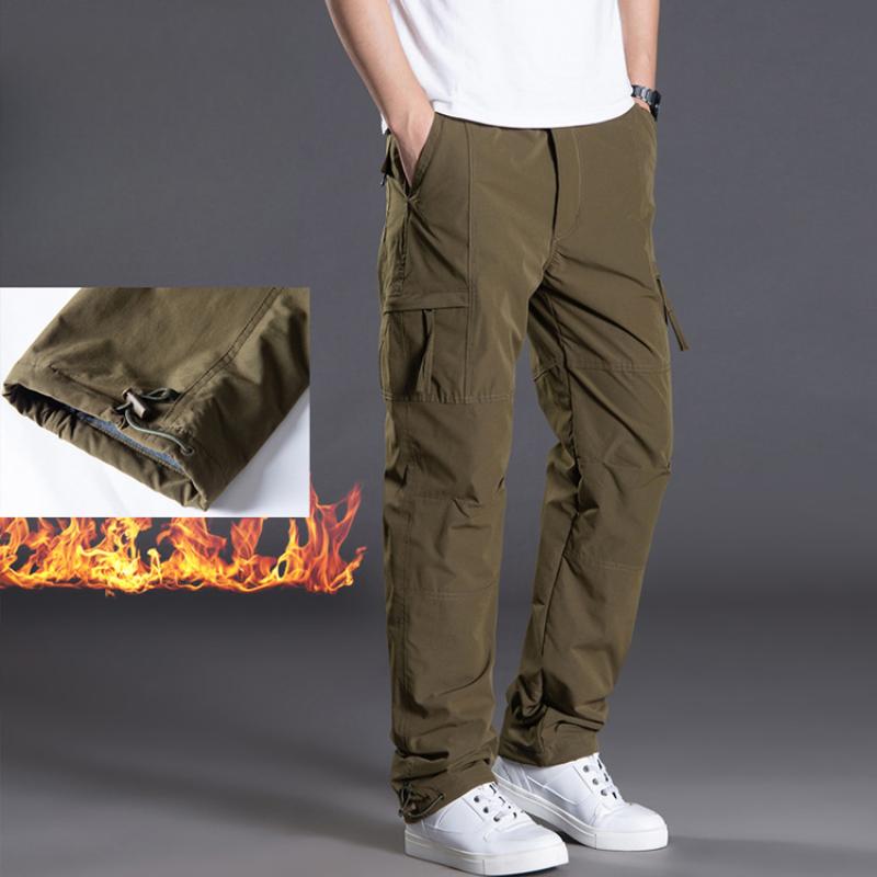 Men's Winter Casual Pants Windproof and Waterproof Outdoor Plus Velvet Soft Shell Pants Straight Multi-bag Tooling Men Gift Belt