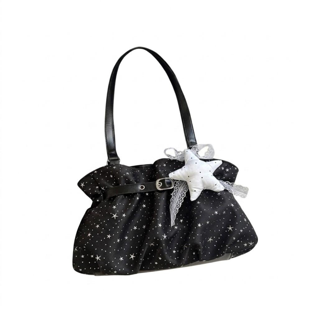 Solid Color Star Print Handbag Nylon Underarm Shoulder Bag Simple Women Tote Bag Ladies