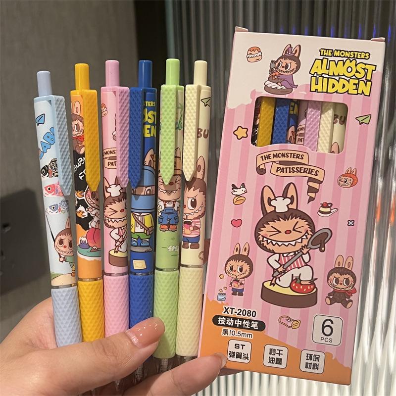 6Pcs Cute Cartoon Labubu Gel Pen Kawaii 0.5Mm Black Ink Press Pen School Supplies Girl&Child Stationery Gifts