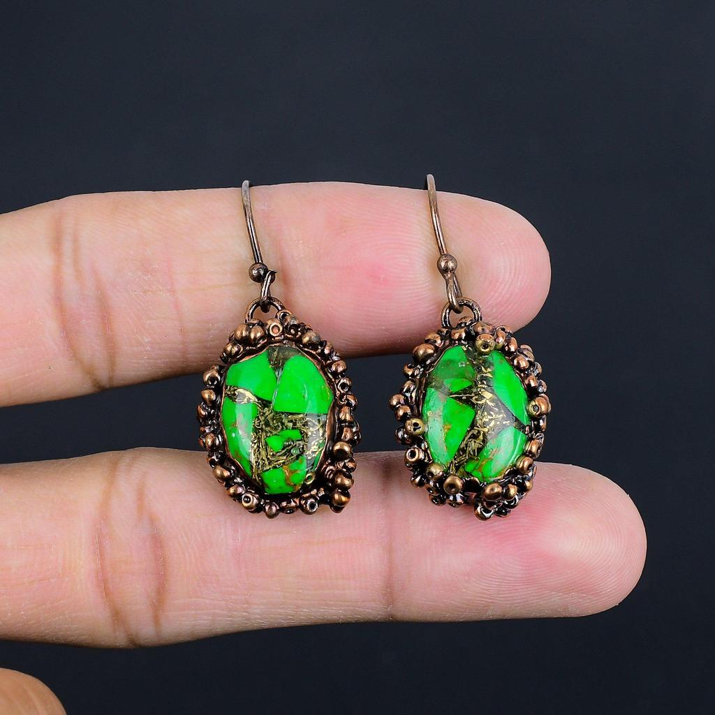 Green Copper Turquoise Earrings, Copper Electroformed Gemstone Jewelry, Handmade Earrings Amazing Jewelry, Gift For Her