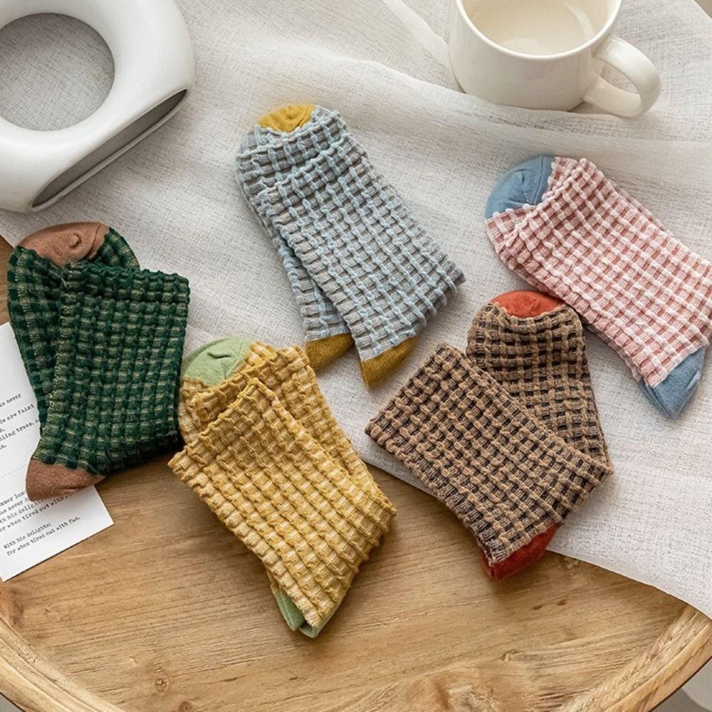 5 Pairs Cotton Blend Cotton Socks Knit Pattern Comfortable Daily Socks Plaid Socks Home Lounging