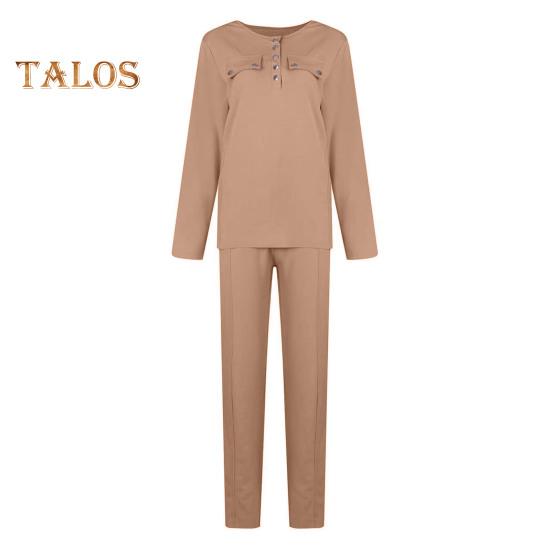 2 шт./комплект женский топ брюки костюм круглый вырез длинный рукав однотонная блузка эластичный пояс облегающие брюки повседневная одежда спортивный наряд осень весна