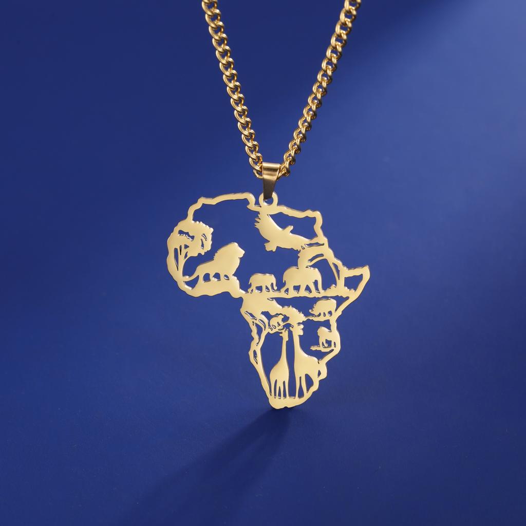 Myshape Animal Map Lion Giraffe Elephant Pendant Stainless Steel Necklace Men's and Boys Fashion Ethnic Jewelry Gift