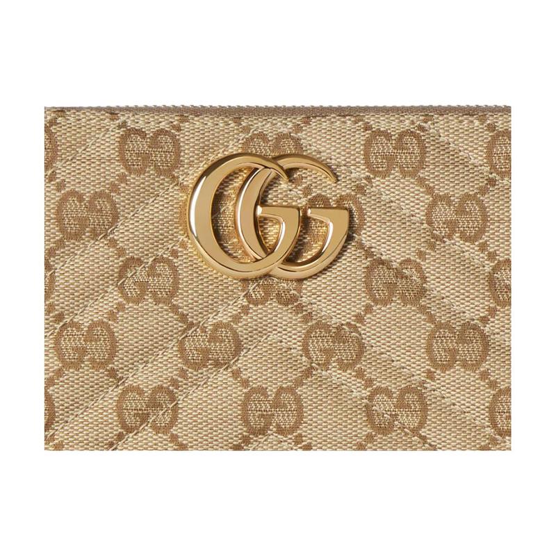 Gucci Double G Generation retro style gold hardware zipper closure GG canvas wallet women's sand color with dark brown