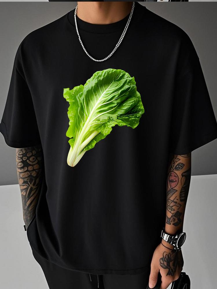 Unisex Summer White Short Sleeve Tee Realistic Green Chinese Cabbage Vegetable Graphic Print Crew Neck Loose Casual Male Daily Tops