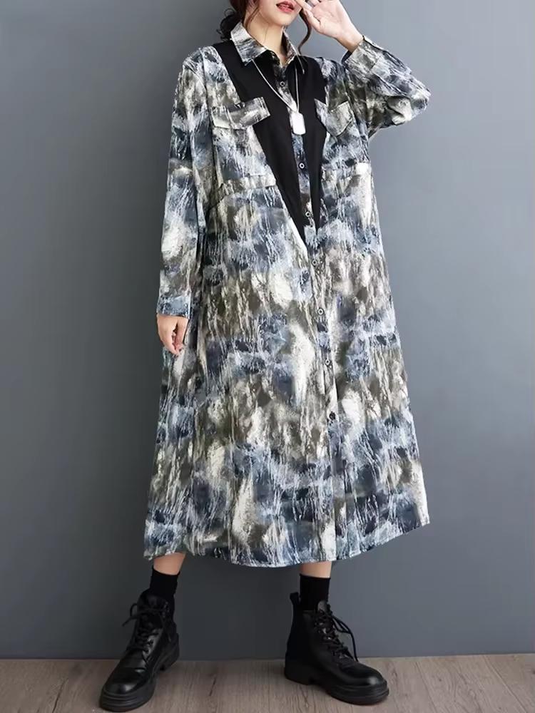 Xitao Свободное платье-рубашка в стиле пэчворк с принтом, повседневное однобортное женское платье на шнурке, новое осеннее простое платье в стиле темперамент DMJ4175