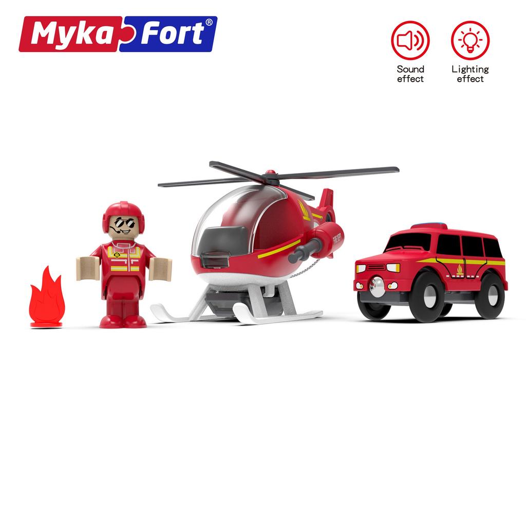 Звуковой светящийся детский игрушечный самолет Maikaff Acousto с деревянным треком для приключений