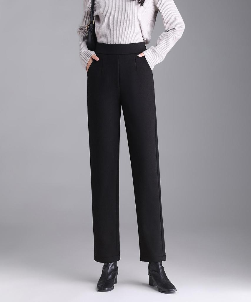 Женские черные кашемировые брюки с флисовой подкладкой, с высокой посадкой и широкими штанинами: Похудение, Универсальный, Зимняя повседневная одежда