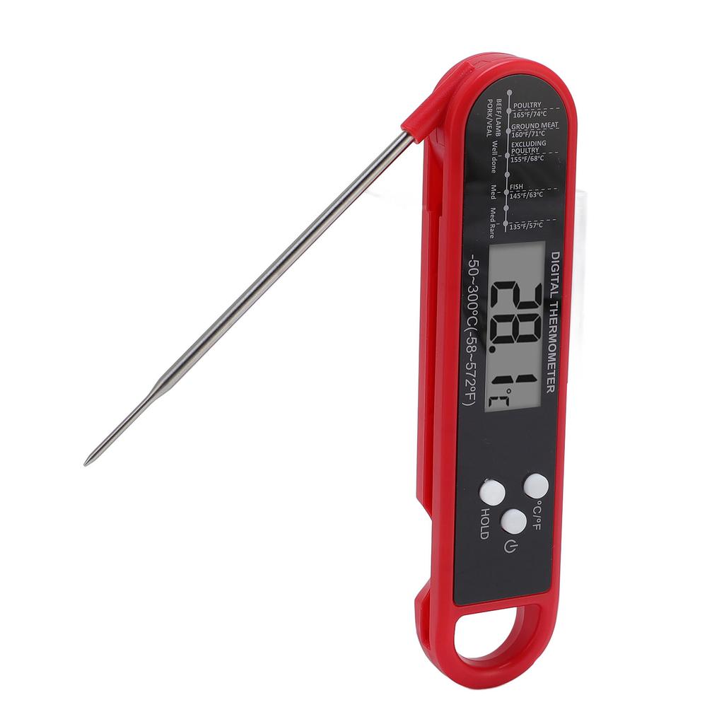Red Folding Food Thermometer Long Probe Digital Meat Thermometer for Grilling and Baking