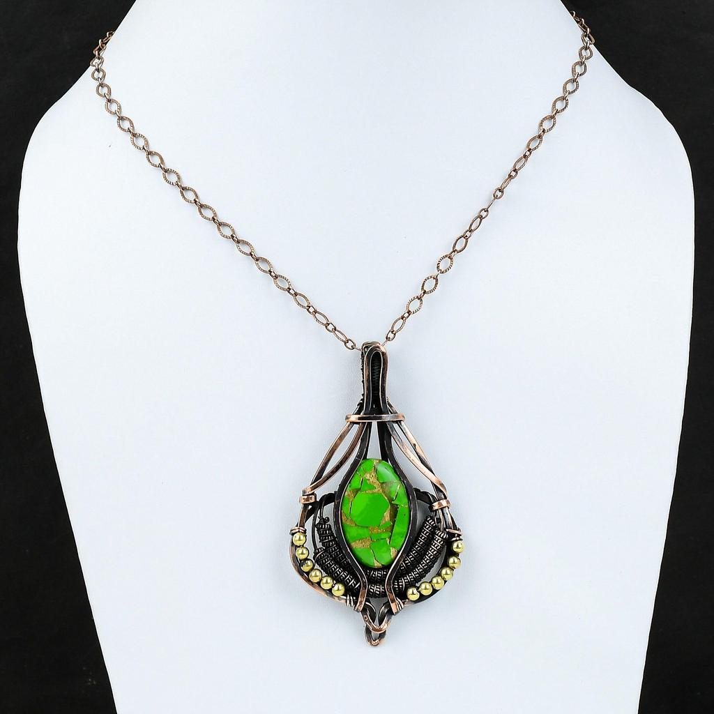 Медный зеленый бирюзовый кулон, медная проволочная обертка, кулон ручной работы, проволочная обертка, драгоценный камень, удивительный медный ювелирный подарок для жены