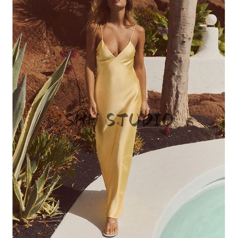 Summer V Neck Sling Mid-Length Silk Satin Texture Midi Skirt Dress 2452331 3258331 8331