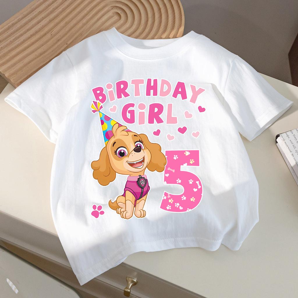 Paw Patrol Skye T-shirt for Children Birthday Number Tee Top Girls White Clothes Cartoon Short Sleeve Kids Loose Clothing Gift