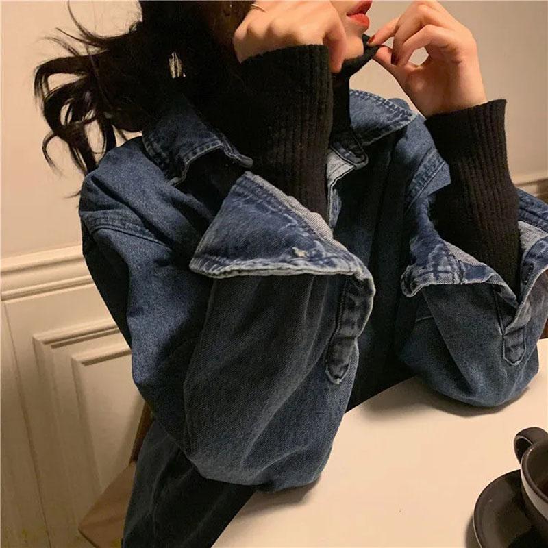 Женская куртка размера S-5XL, осенняя джинсовая куртка большого размера, синяя сотня рубашек, женские топы с длинными рукавами, свободная куртка-рубашка