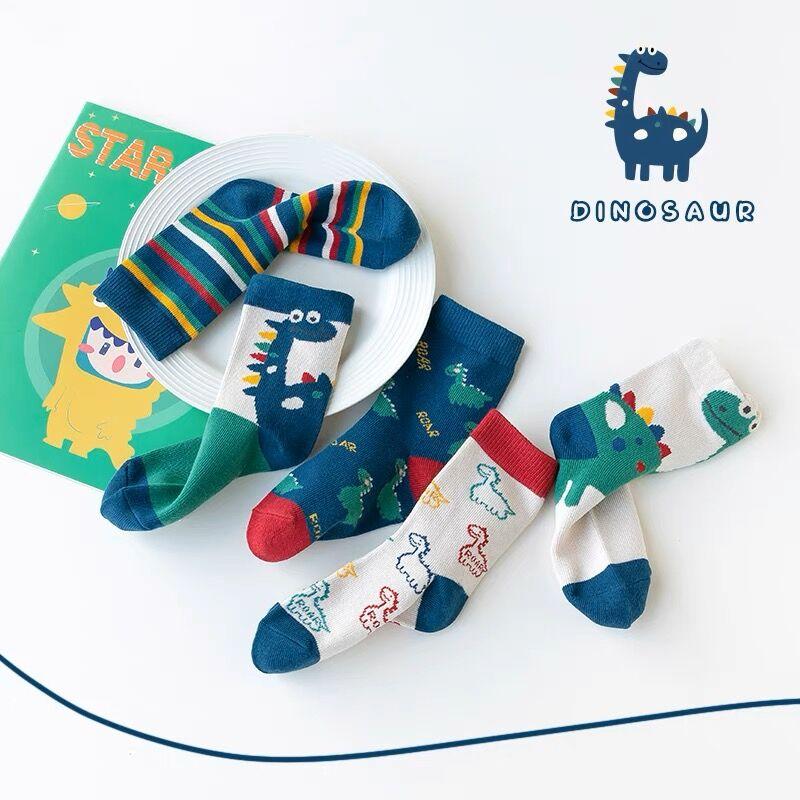 5Pairs Girl Mid-tube Socks Autumn Winter New Style Children's Socks Mid-high Long Dinosaur Cartoon Design Boys Girls 1-14Years