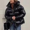 Ins Style Winter Hooded Puffer Jacket Solid Color PU Leather Cotton Coat Loose Fit Women