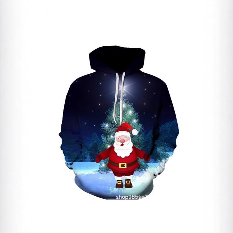 Mens Womens Christmas Santa 3D Digital Print Hooded Sweatshirt Loose Fit Winter Casual Top