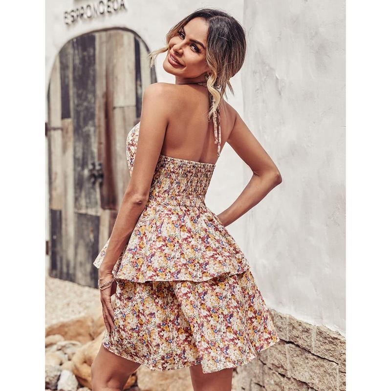 Summer Women's Sexy Strapless Hanging Neck Floral Dress Boho Style Printed Sleeveless Festival Beach Party Sundresses