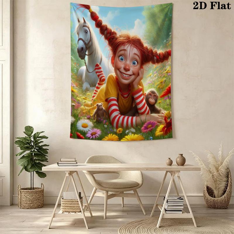 Pippi Longstocking Collage Tapestry Fruit Background Cartoon Girl Wall Hanging Art Decor Bedroom Living Room Home Decor