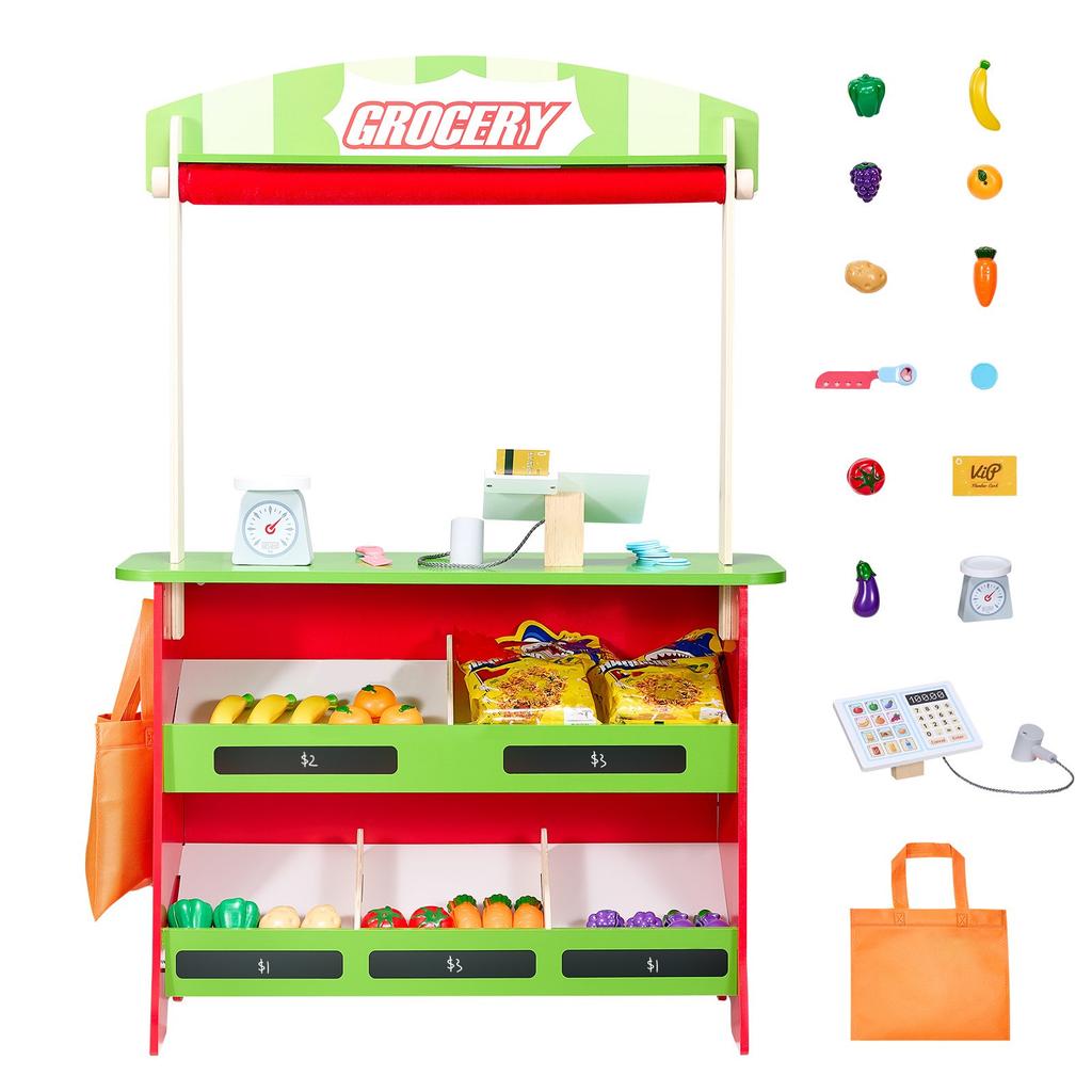 VEVOR Wooden Puppet Theater with Curtains, 2-in-1 Reversible Play Store, Double-Sided Grocery Store Playset with Chalkboard & Cash Register