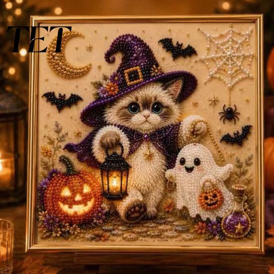 Family Fun Handcrafts Halloween Cat Faux Pearl Painting Art Kit, Spooky 3D Beads Creative Gift Crafts, Cute Witch Gem Wall for Adults, Craft