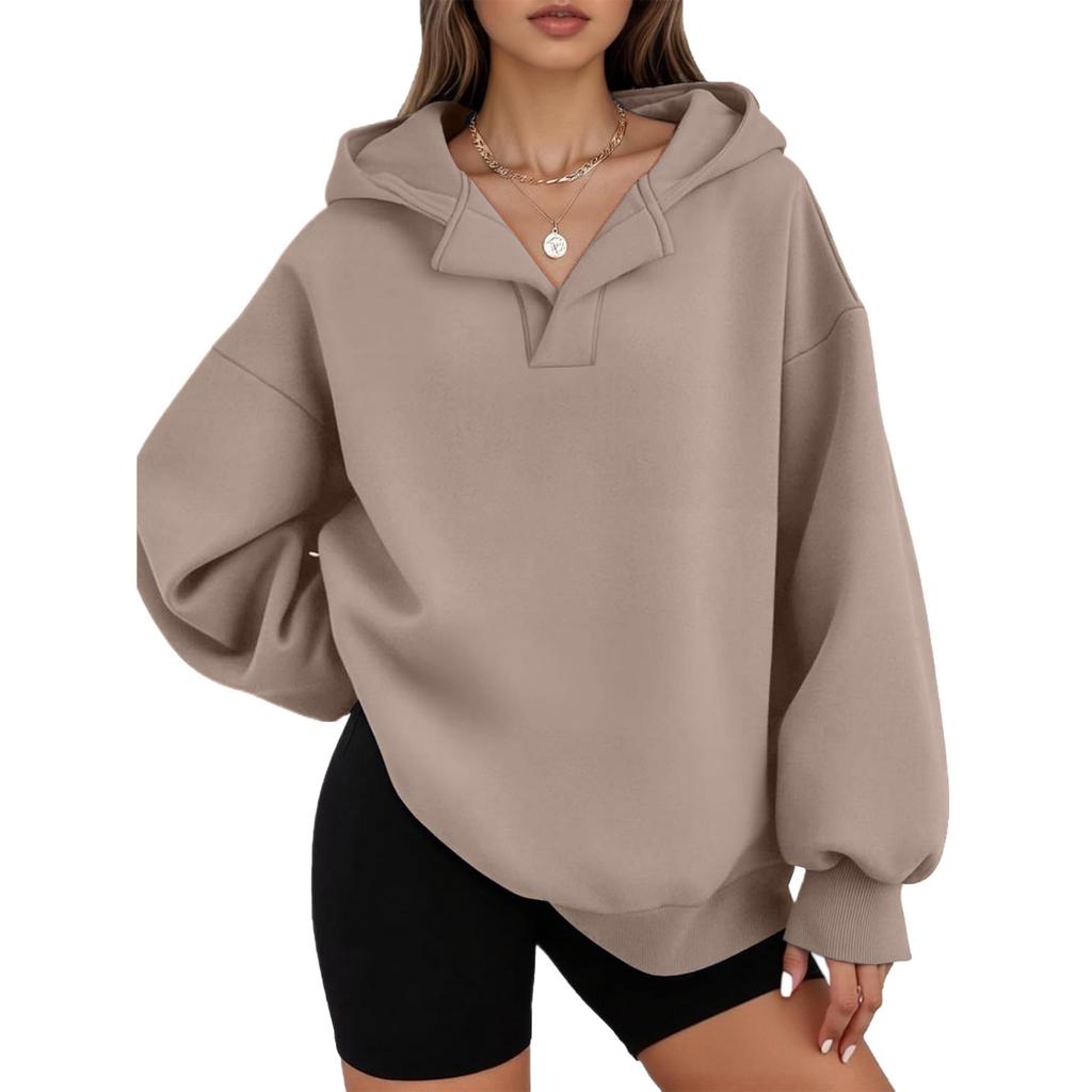 Women's Casual V-neck Pullover Long-sleeve Solid Color Fleece-lined Hooded Sweatshirt Top