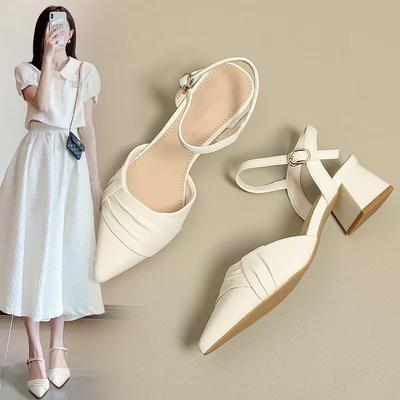 Черные сандалии с сумкой на каблуке женские 2025 новые летние на среднем каблуке с задником темперамент французский толстый каблук остроносые туфли-лодочки